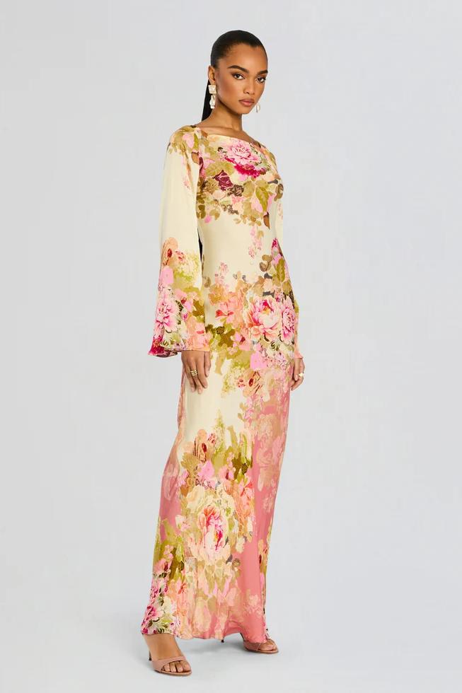 Blomstrete Bel Sleeve Kvelds Kjole