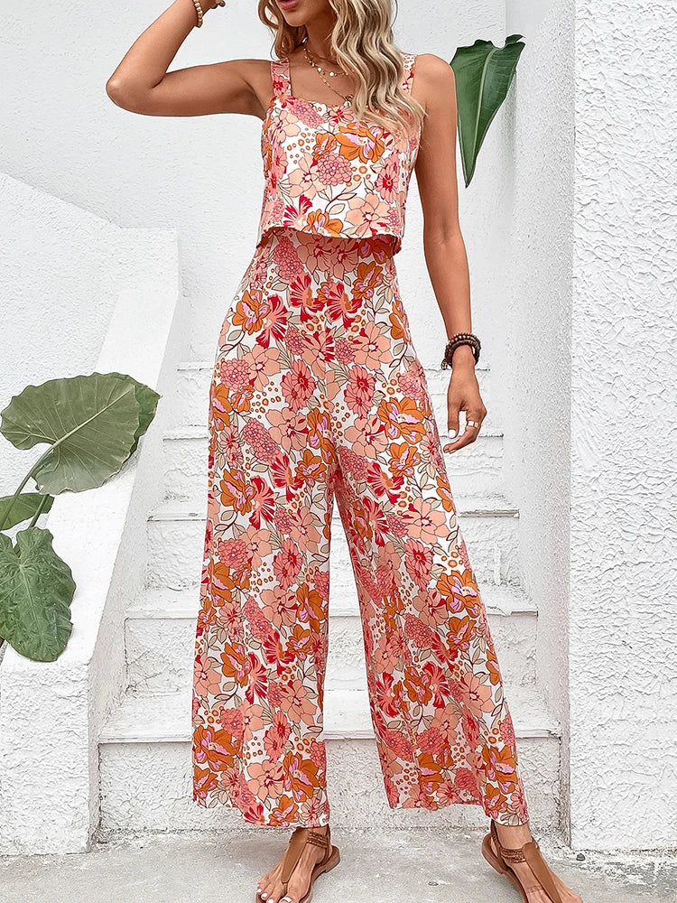 Jumpsuit med vide ben og blomster