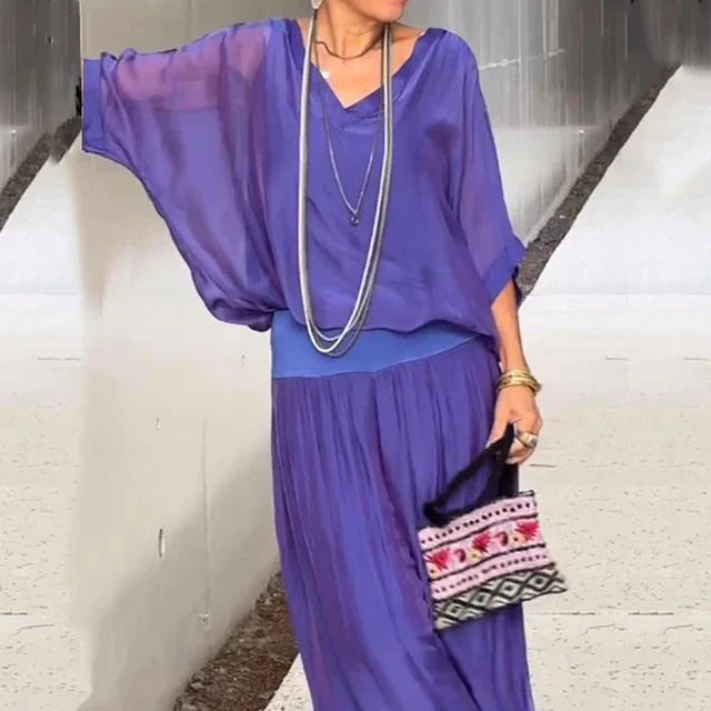 Elegant chiffon wide-leg bukse to-delt sett