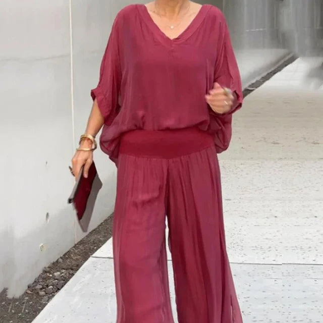 Elegant chiffon wide-leg bukse to-delt sett