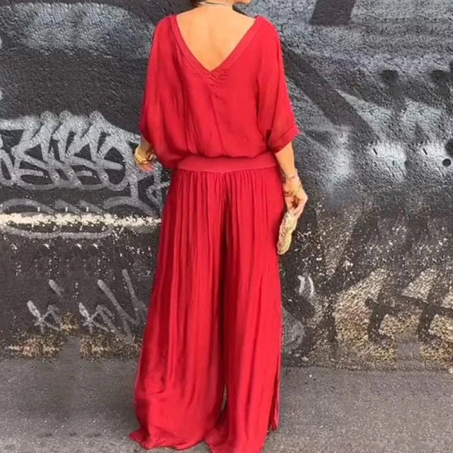 Elegant chiffon wide-leg bukse to-delt sett