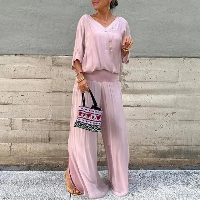 Elegant chiffon wide-leg bukse to-delt sett