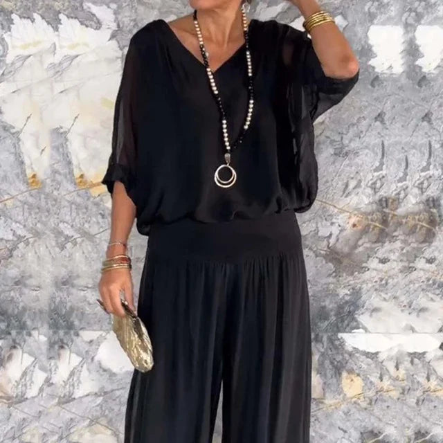 Elegant chiffon wide-leg bukse to-delt sett