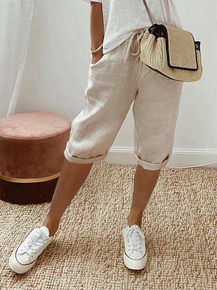 Faye | Cropped bermudashorts i lin med snøring