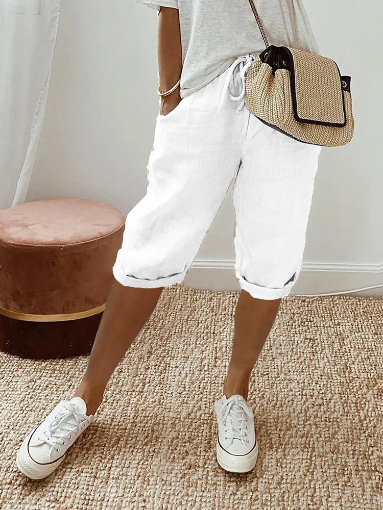 Faye | Cropped bermudashorts i lin med snøring