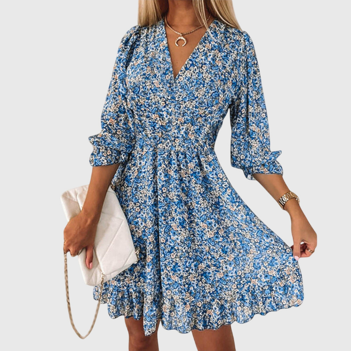 Fleur | Skater-minikjole i chiffon med blomstermønster og V-hals