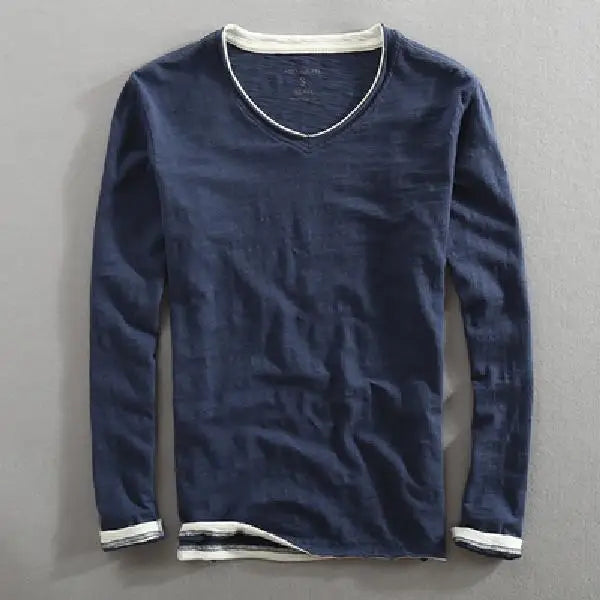 Herre Langermet T-skjorte i Bomull – V-hals med Vintage Detaljer