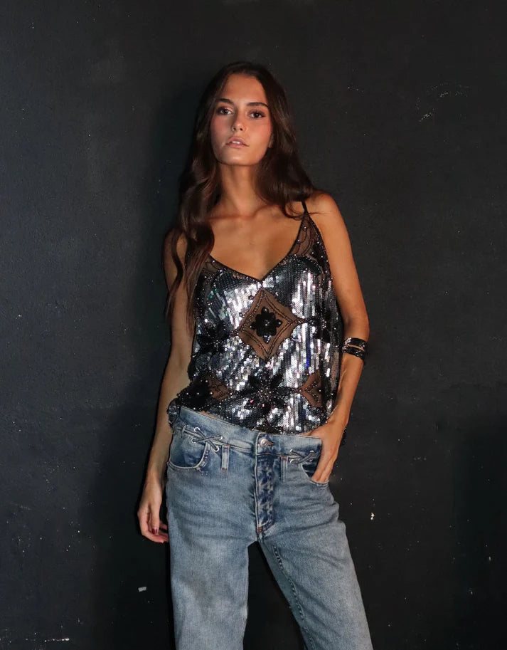 Kvinnes Fest Glitter topp med perler