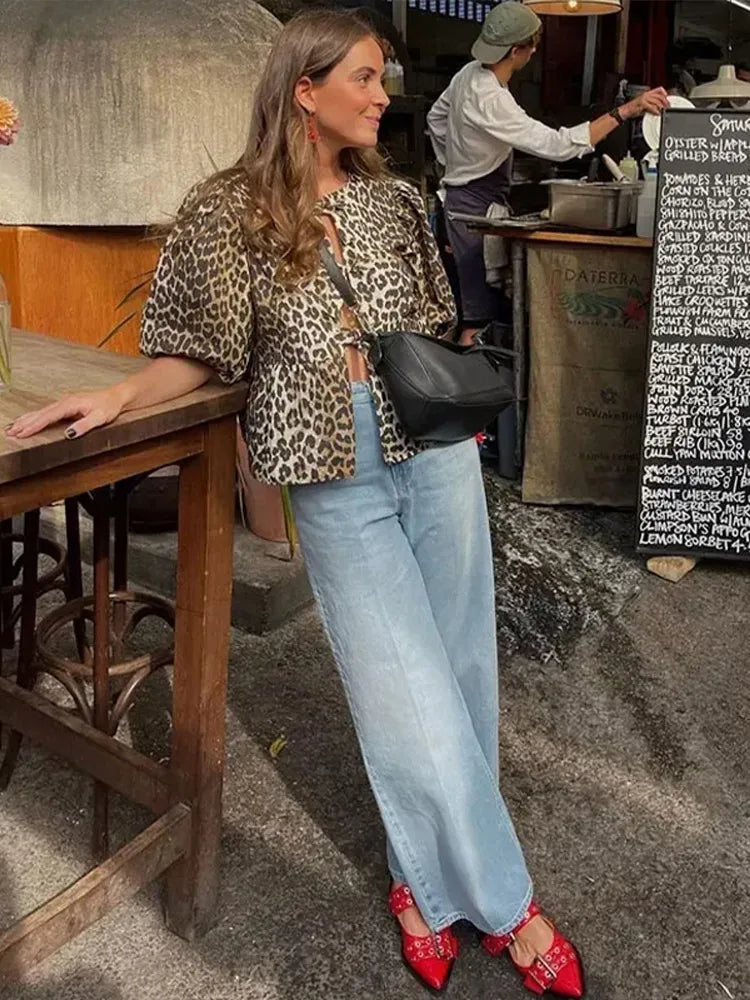 Bluse for damer med lanterneermer og snøring, Y2K-trykk