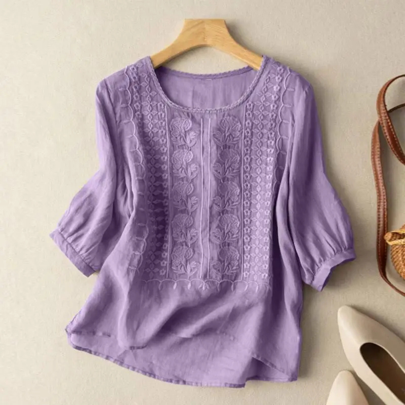 Marlowe | Brodert bluse i bomull med trekvartermer