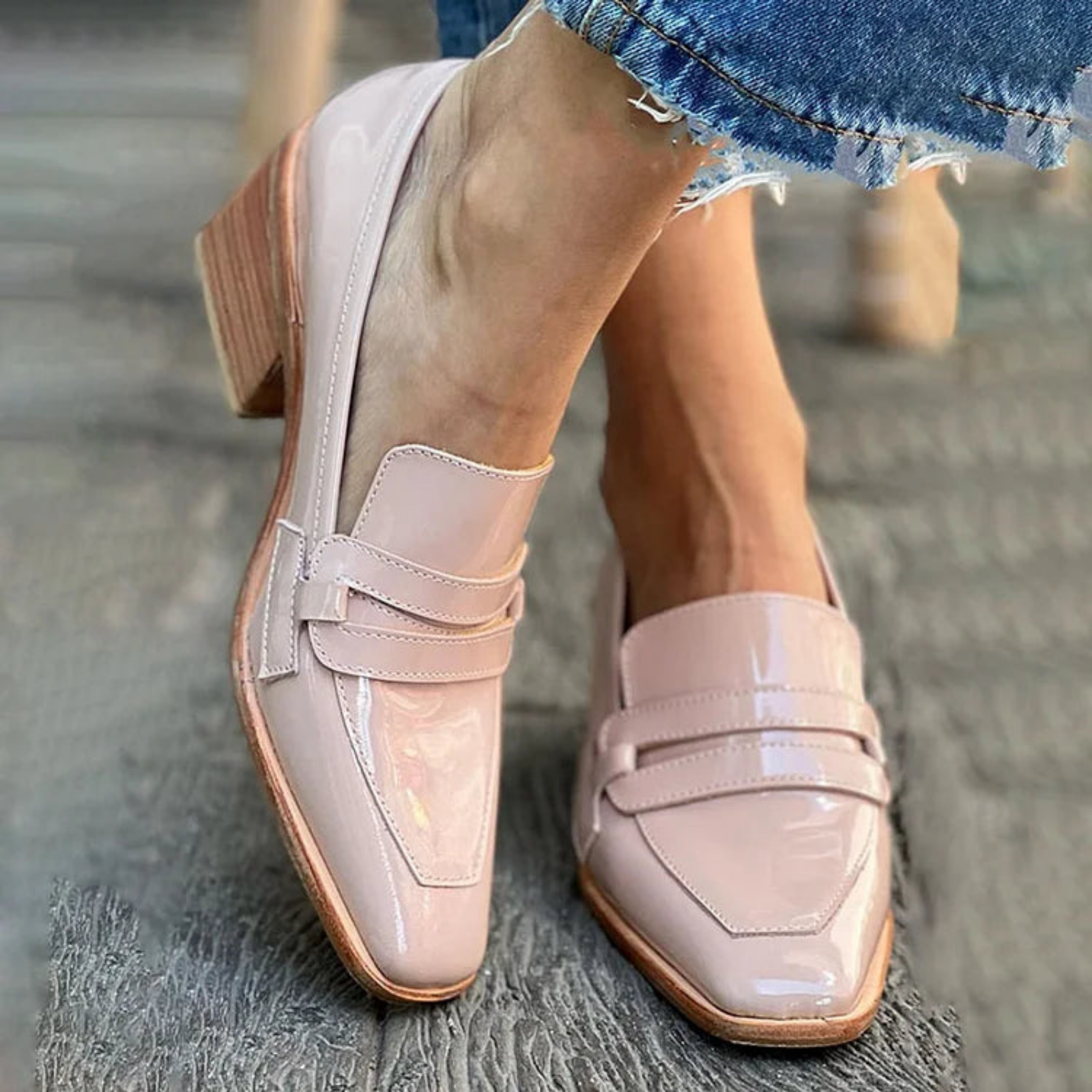 Marlowe | Loafers i rosa skinn med firkantet tå og blokkhæl