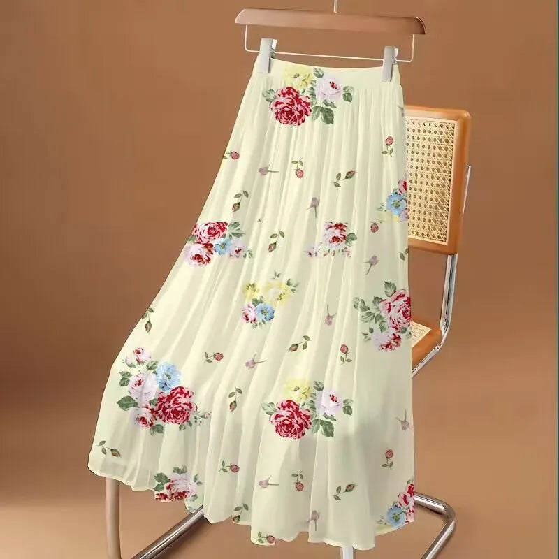 Fasjonabelt langt chiffongskjørt med blomstermønster