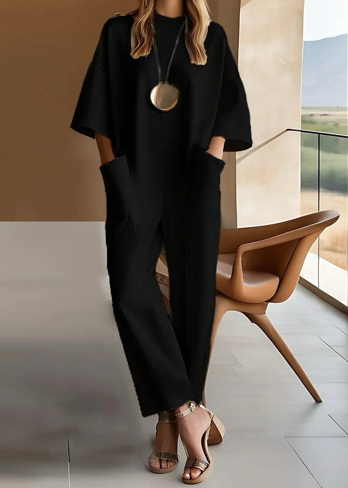 Odette | Elastisk oversized buksedress med tunika og vide ben
