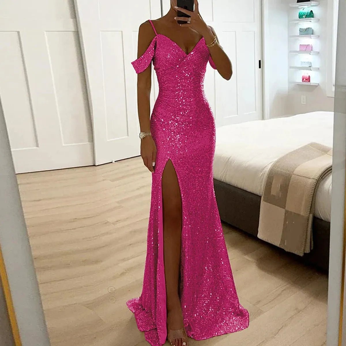 Off-Shoulder Paljetter Formell Kveldskjole Maxi Kjole