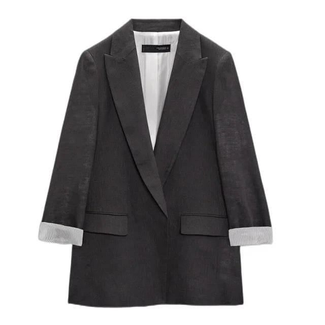 Flerfarget, åpen blazer for dame med ermer med trykk, revers og uten knapper