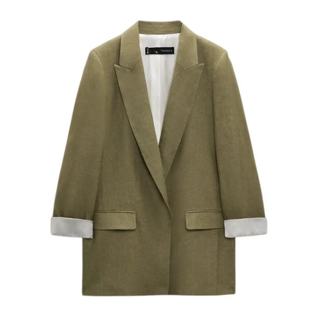 Flerfarget, åpen blazer for dame med ermer med trykk, revers og uten knapper