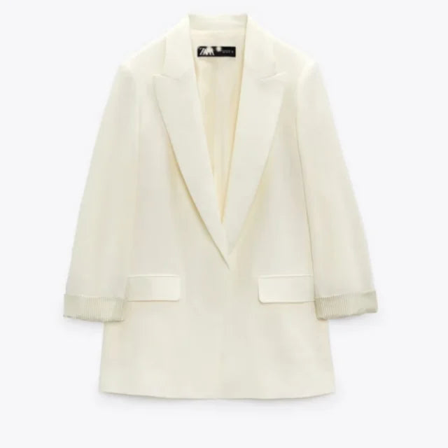 Flerfarget, åpen blazer for dame med ermer med trykk, revers og uten knapper
