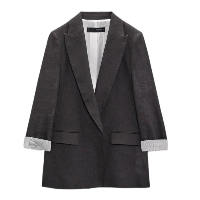 Flerfarget, åpen blazer for dame med ermer med trykk, revers og uten knapper