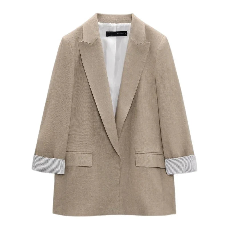 Flerfarget, åpen blazer for dame med ermer med trykk, revers og uten knapper