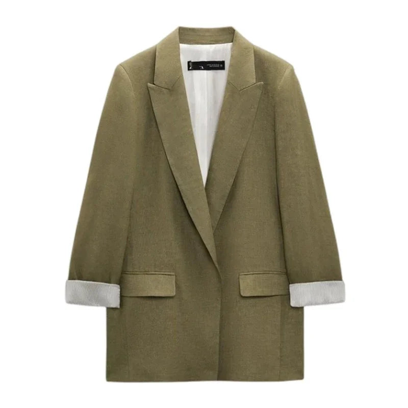 Flerfarget, åpen blazer for dame med ermer med trykk, revers og uten knapper