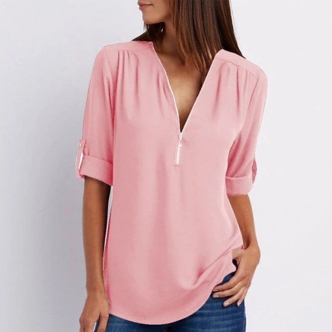 Pippa | Lett bluse med glidelås i V-halsen og oppbrettbare ermer – Rosa
