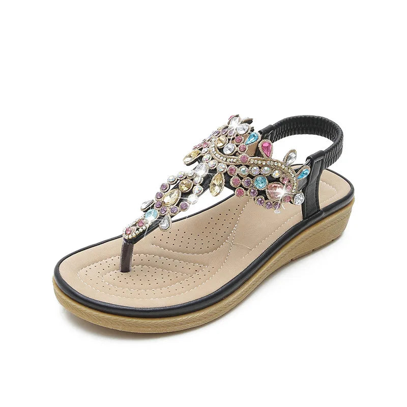 Fasjonable damesandaler med rhinestones og platå