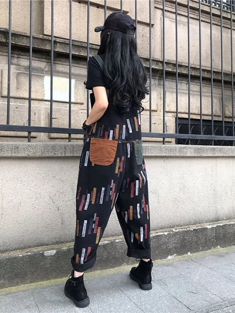 Flerfarget lappeteppet denimjumpsuit for kvinner