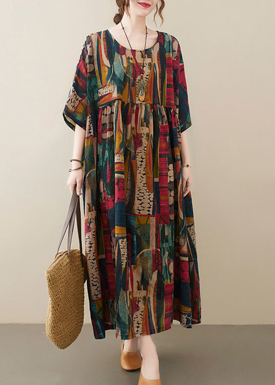 Retro O-Hals Print Fest Maxi Kjole Halvarm