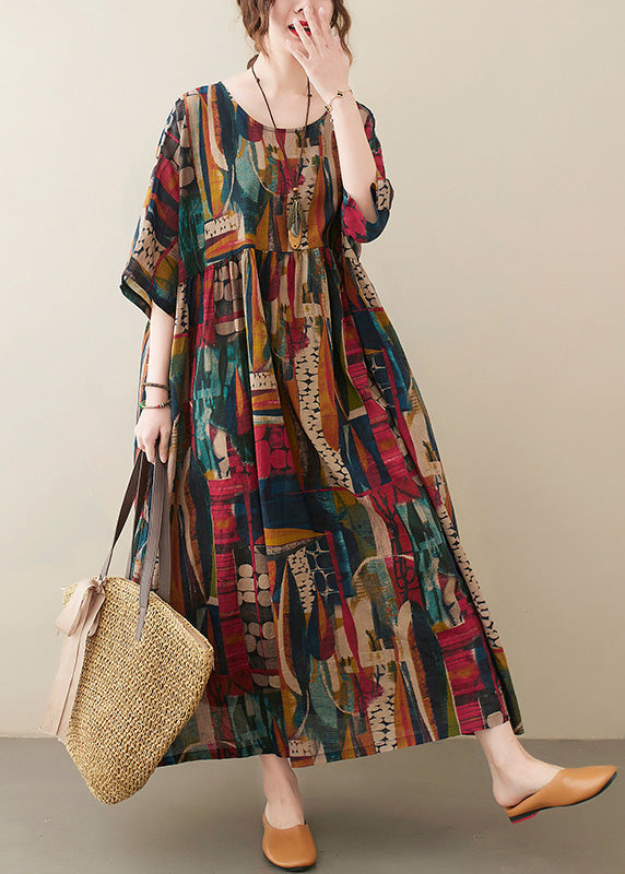 Retro O-Hals Print Fest Maxi Kjole Halvarm