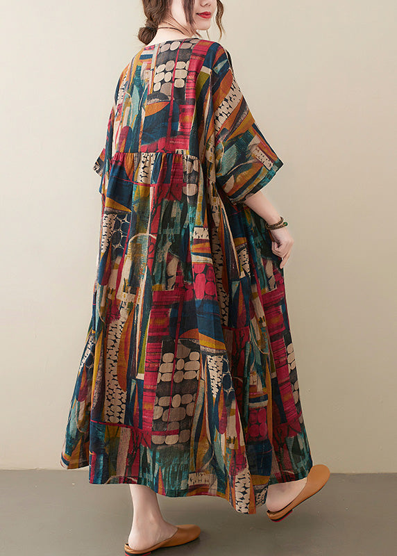 Retro O-Hals Print Fest Maxi Kjole Halvarm