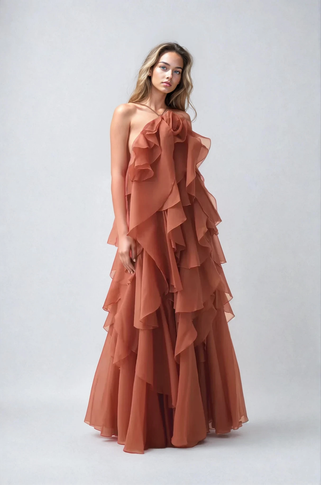 Rosalind | Lagdelt maxikjole i chiffon med volanger og halterneck – Rust