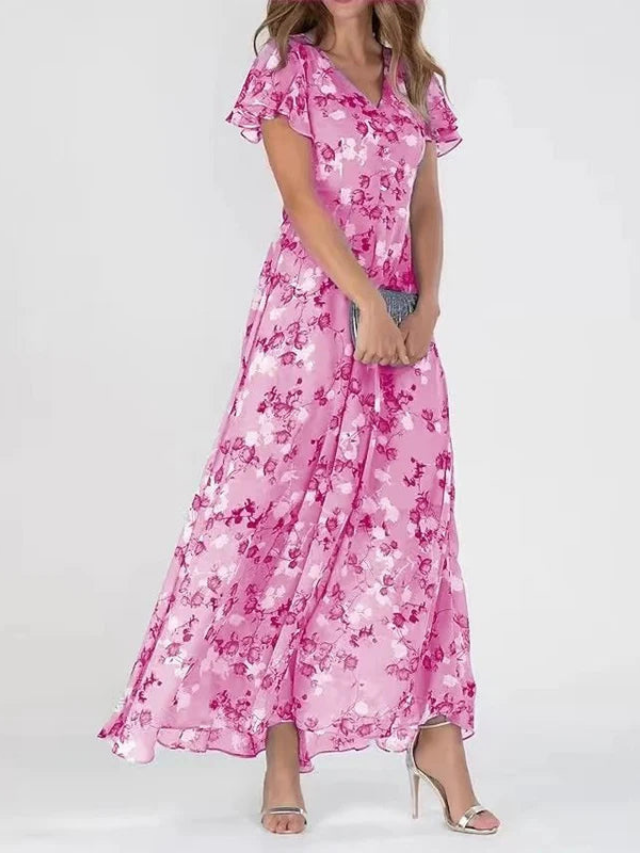 Rosette | Elegant maxikjole i chiffon med blomster og flagreermer