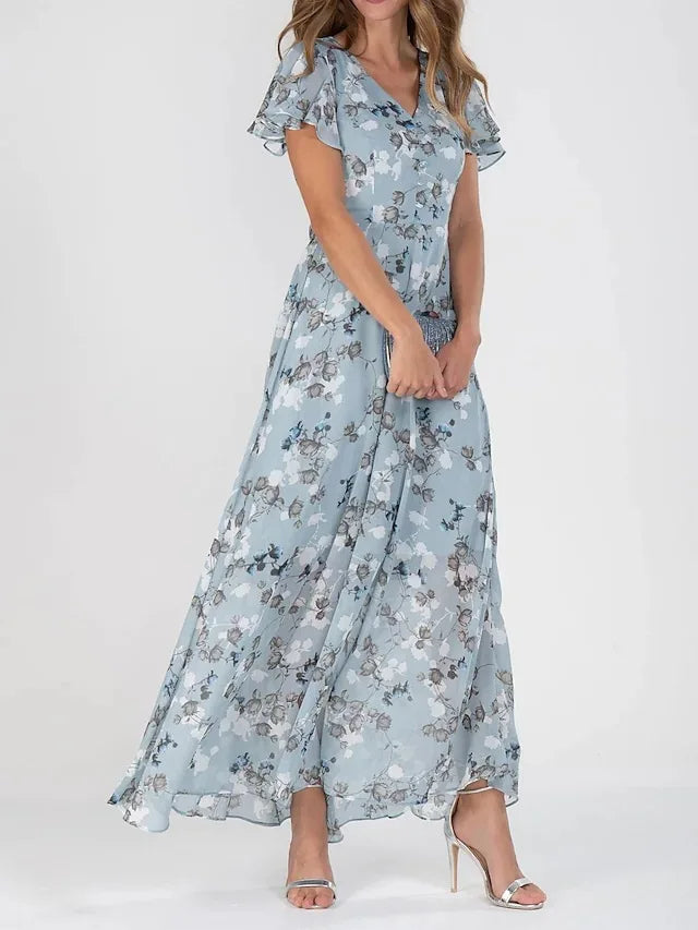 Rosette | Elegant maxikjole i chiffon med blomster og flagreermer