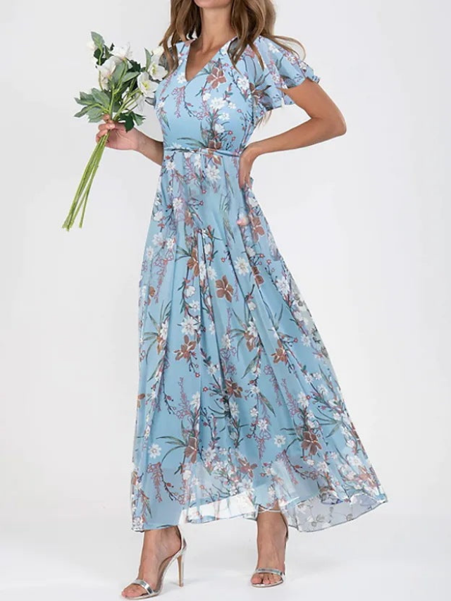 Rosette | Elegant maxikjole i chiffon med blomster og flagreermer