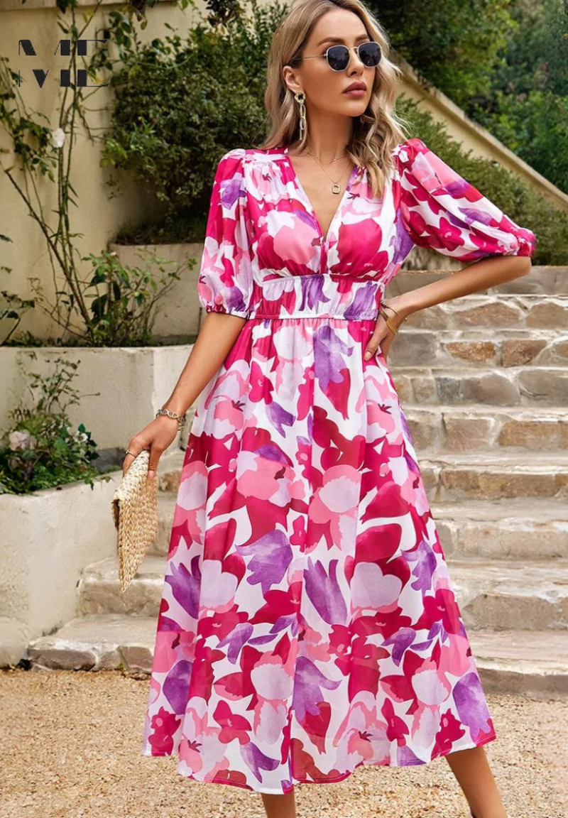 Elegant blomsterfest Midi-kjole med pufferm