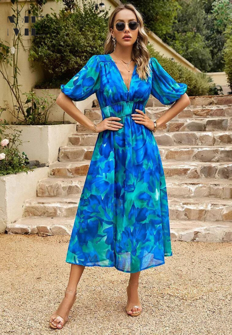 Elegant blomsterfest Midi-kjole med pufferm