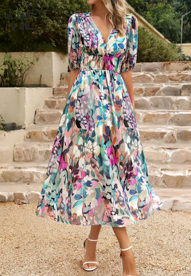 Elegant blomsterfest Midi-kjole med pufferm