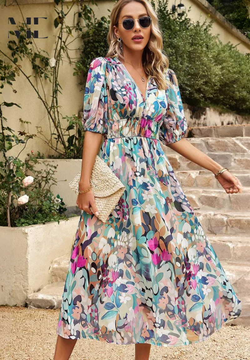 Elegant blomsterfest Midi-kjole med pufferm