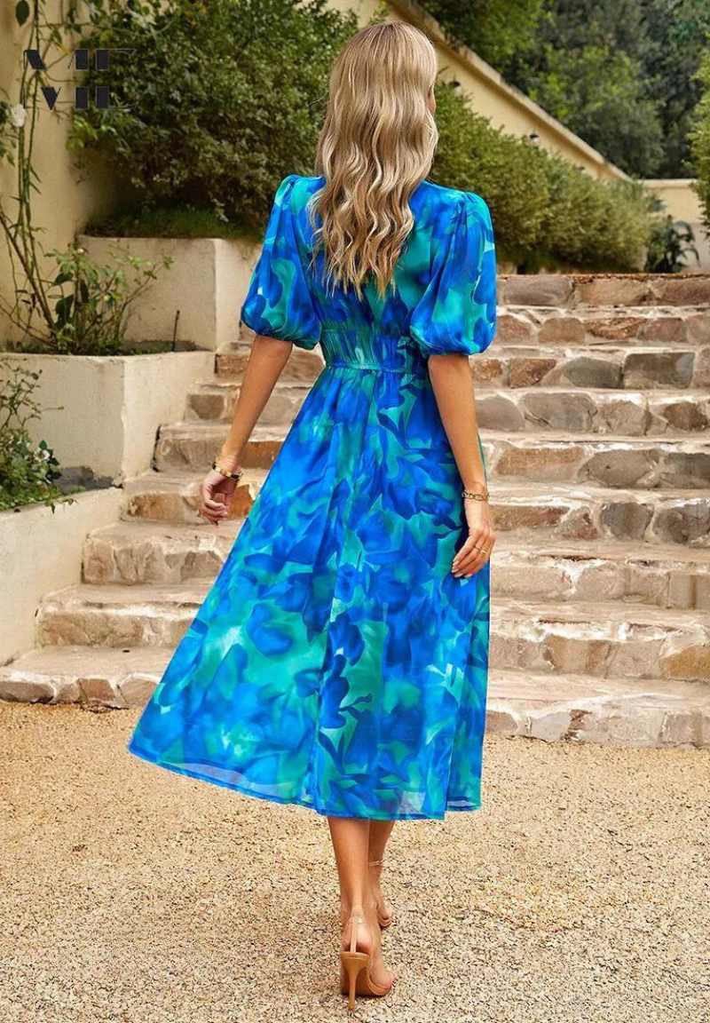Elegant blomsterfest Midi-kjole med pufferm