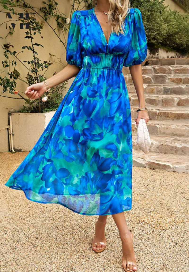 Elegant blomsterfest Midi-kjole med pufferm
