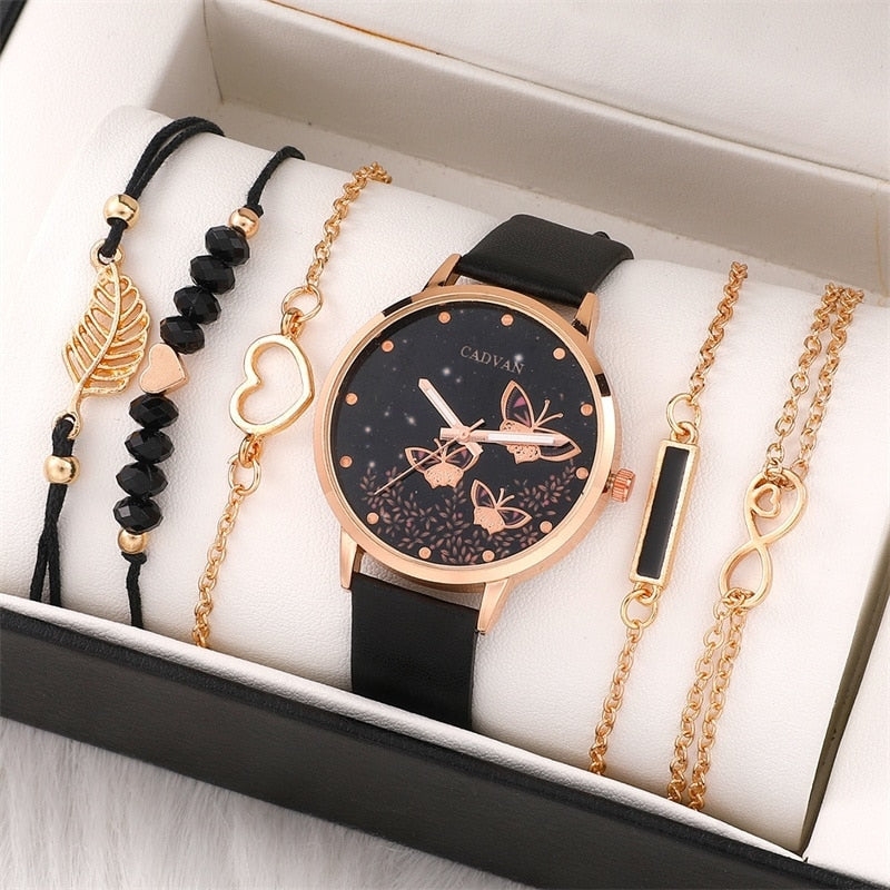 Fet komplett sett: Sett med 6 dameklokker Ladies Fashion Butterfly Watch New Simple Casual Ladies Analogue Wristwatch Bracelet Gift Without Box