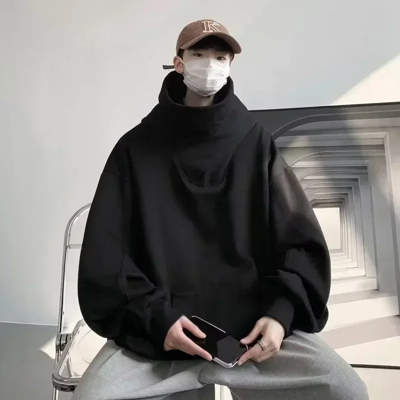 Ninja Hettegenser for Menn – Ensfarget Y2K Hoodie med Høy Hals | Oversized Streetwear i Fleece for Høst og Vinter