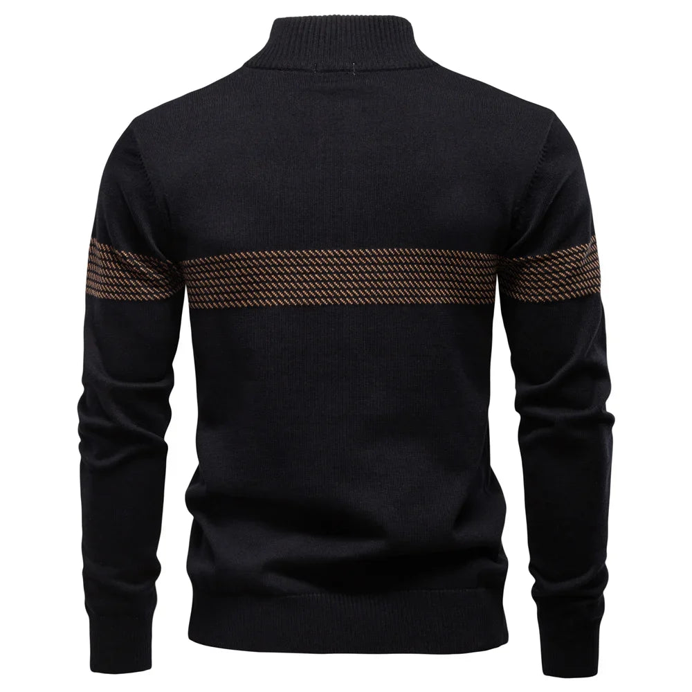 Varm Herregenser i Ullblanding – Tykk Halv-Zip Strikkegenser med Struktur og Stripet Design | Perfekt til Høst og Vinter