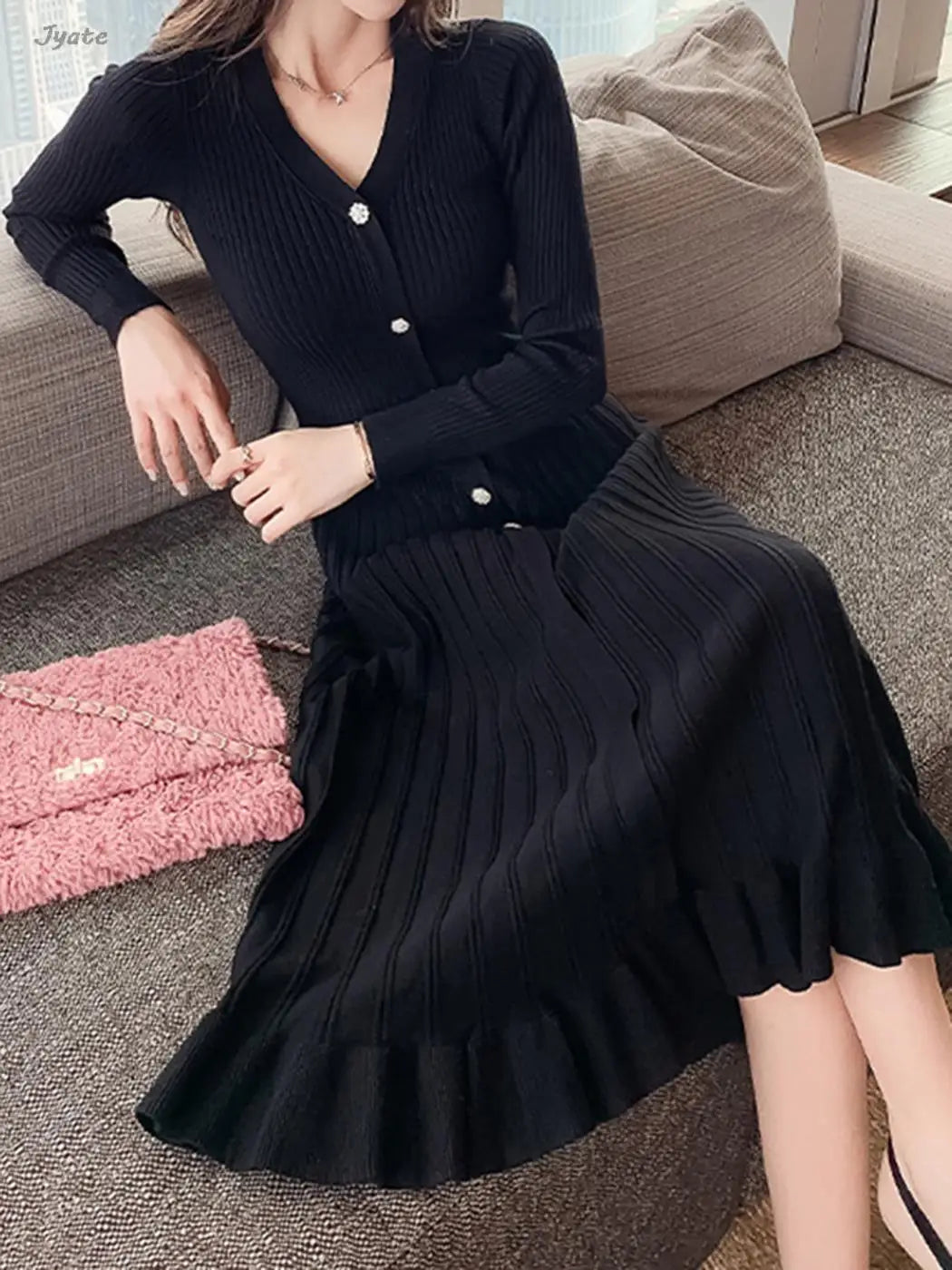 Kvinner Elegante Solide Knappede Strikkekjoler