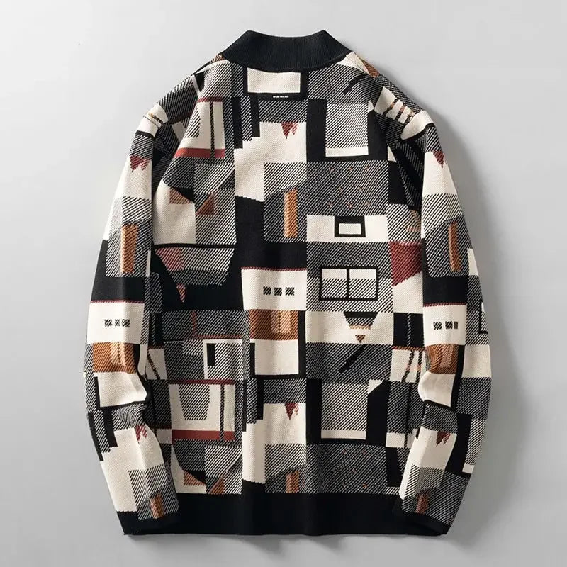 V-hals med geometrisk oljemaleri Jacquard Loose for menn