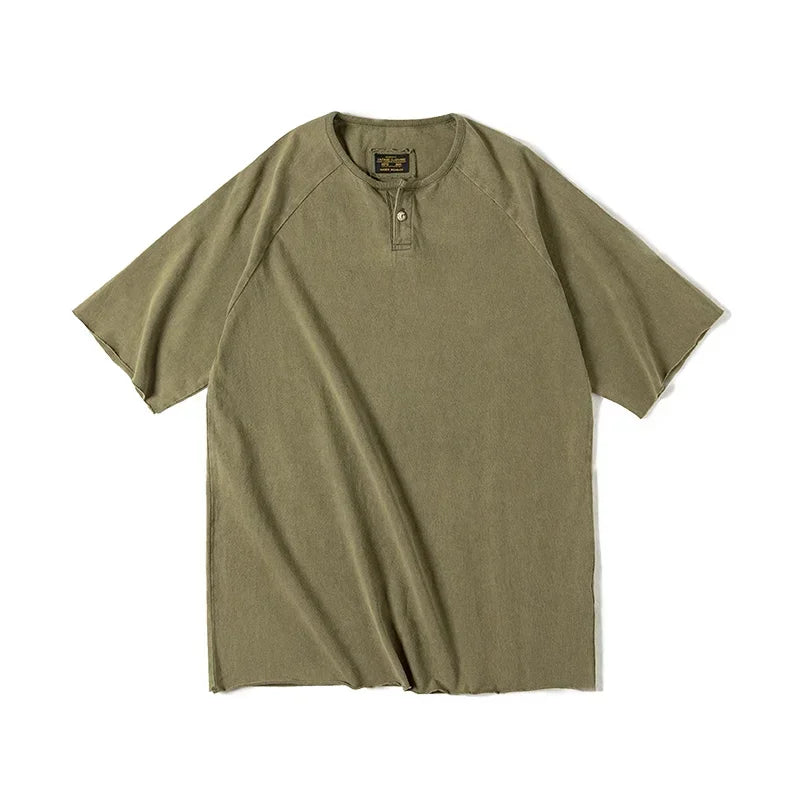 Vintage Henley T-skjorte til Herre – Heavyweight Vasket Bomulls Tee