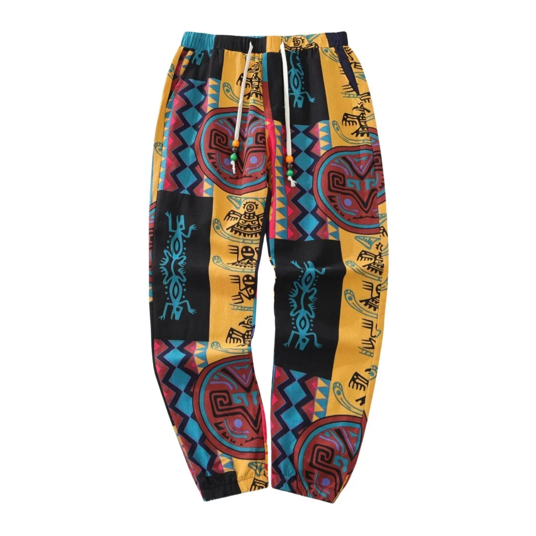 Boho Linbukser for Herre – Lettere Sommerbukser med Tribal Print & Snor i Midjen | Komfortable Joggebukser i Bomullsblanding – Rød
