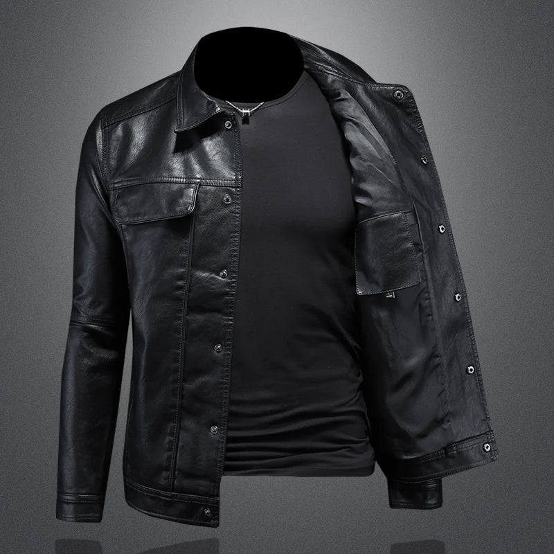 Stilren Herre Skinnjakke med Krage – Slim Fit Motorsykkeldesign i Ensfarget Look (M–5XL)