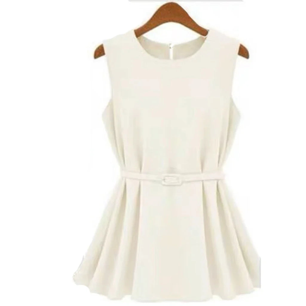 Peplum Topp til Dame – Ermeløs Chiffon med Belte & Elegant Snitt