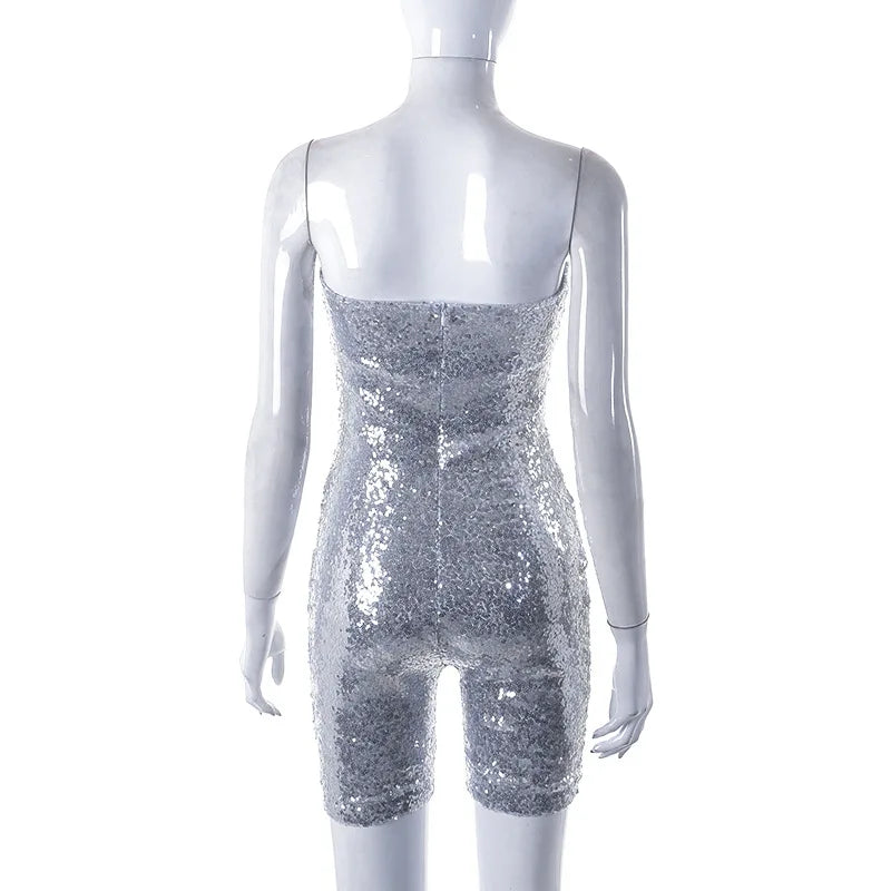 Glitrende paljettjumpsuit med stroppeløs modell